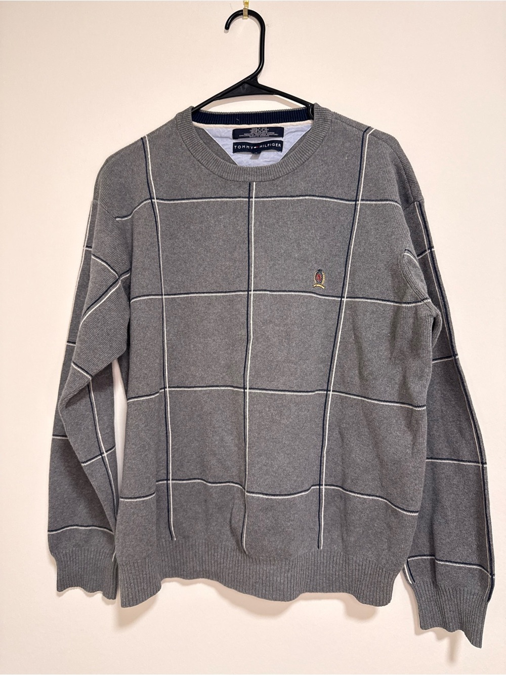 Tommy Hilfiger Men's Gray Windowpane Crewneck Sweater with Subtle Logo